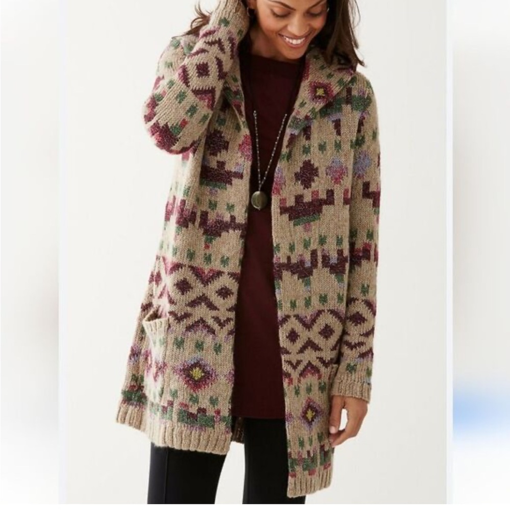J. Jill Sweater Cardigan Jacket XS Hoodie Pockets Aztec Wool Blend Oversized